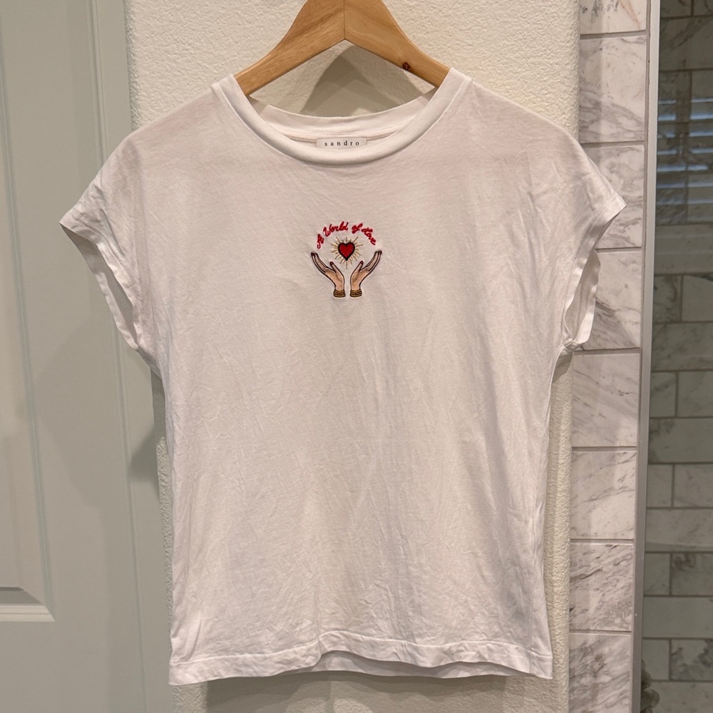 Sandro White Tee with Red Embroidery